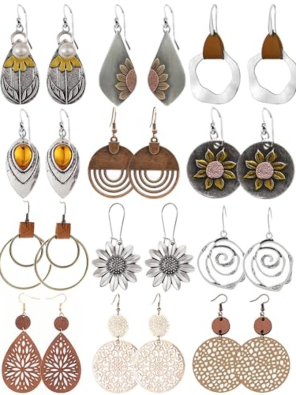 New - 12 Pairs Boho Vintage Geometric Round Earrings Wooden Leather Ethnic Style